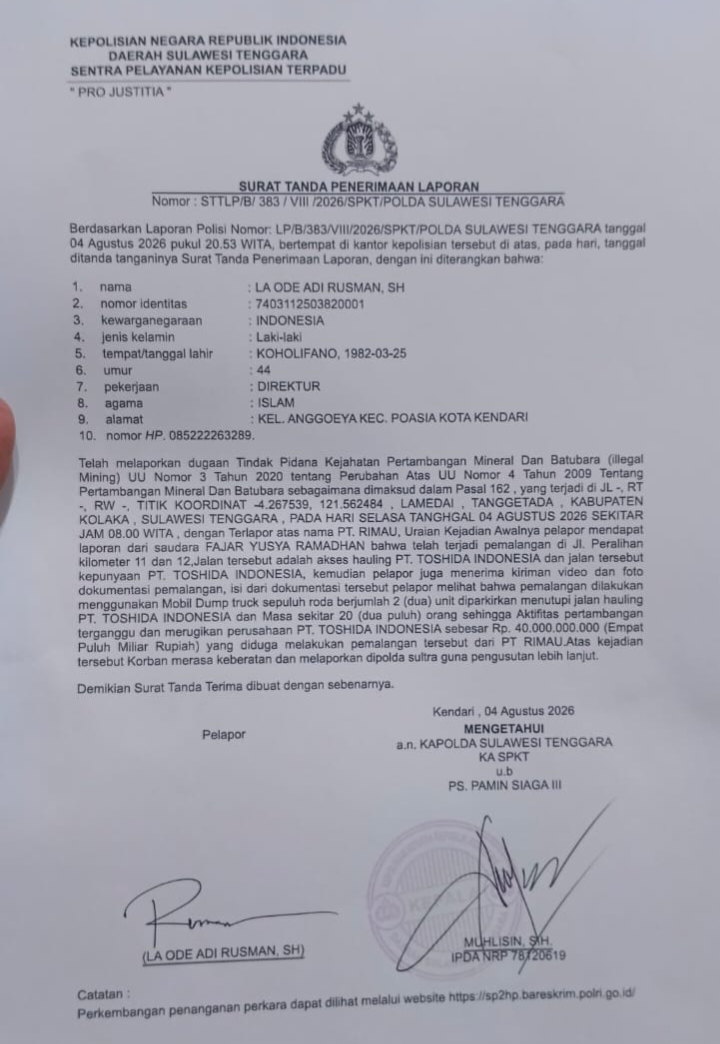 Direktur PT Toshida Indonesia Laporkan Dugaan Pemalangan Jalan Hauling ke Polda Sultra